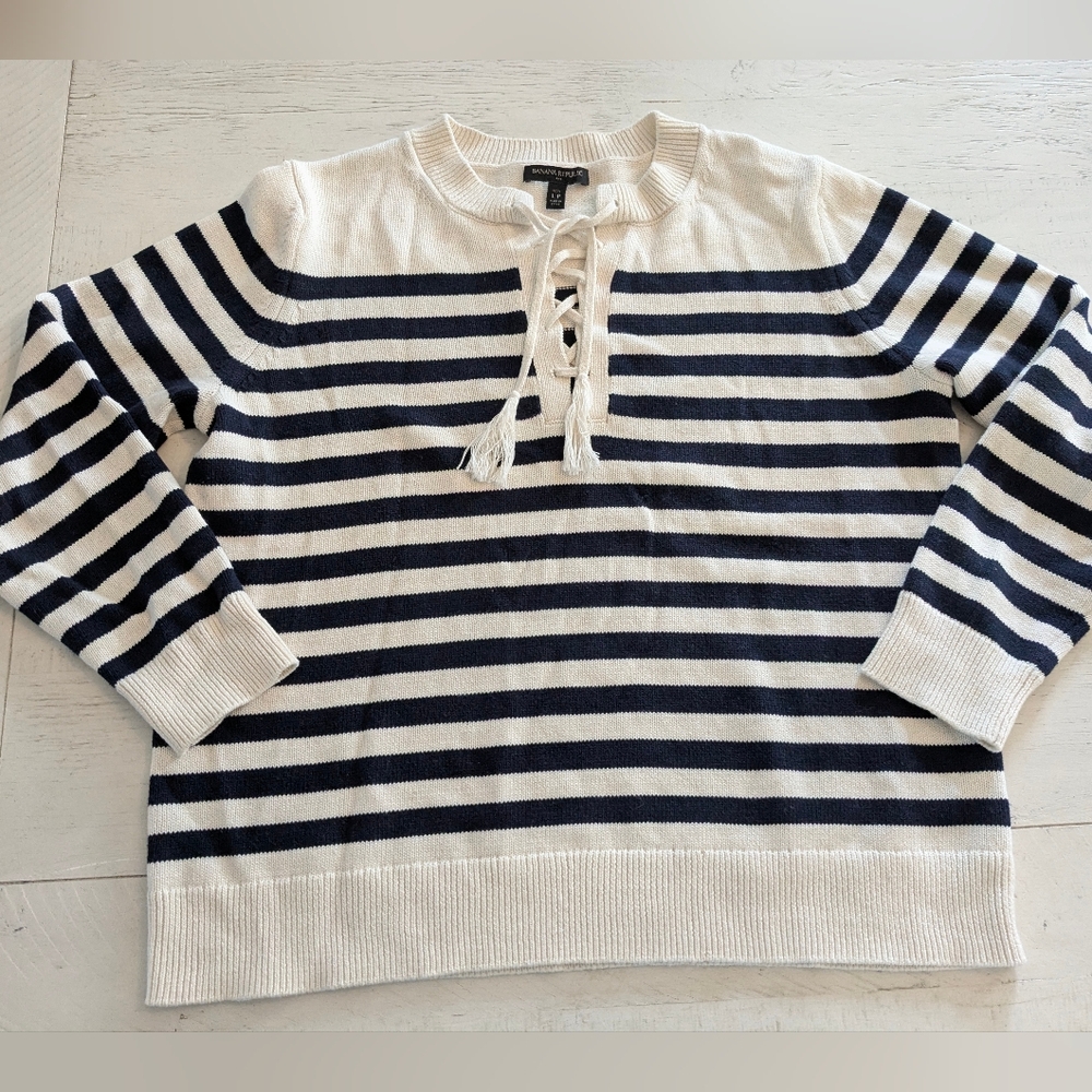 Banana Republic Factory Sweater Nautical Stripe Lace Up Neckline PL